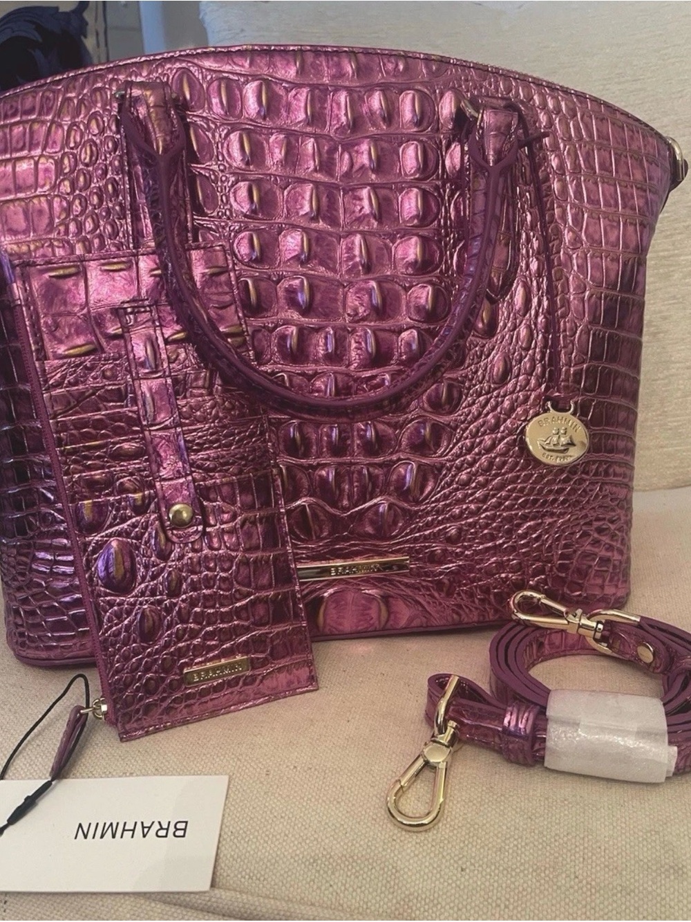 Brahmin Bright Pink Duxbury Satchel In OPERA & Matching CC Wallet NWT - Picture 3 of 15